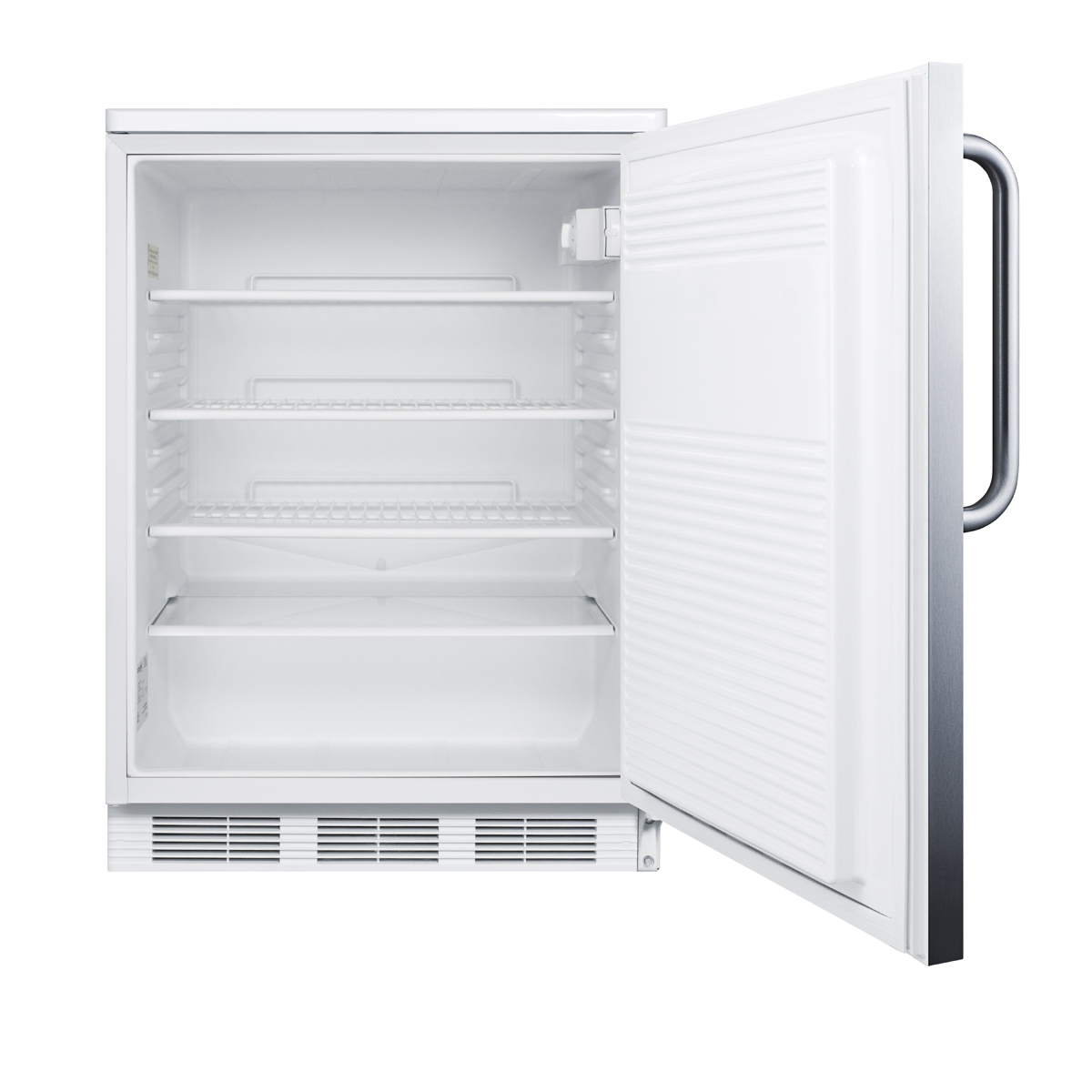 Commercially listed freestanding all-refrigerator for general purpose use, auto defrost w/lock, SS wrapped door, towel bar handle, and white cabinet